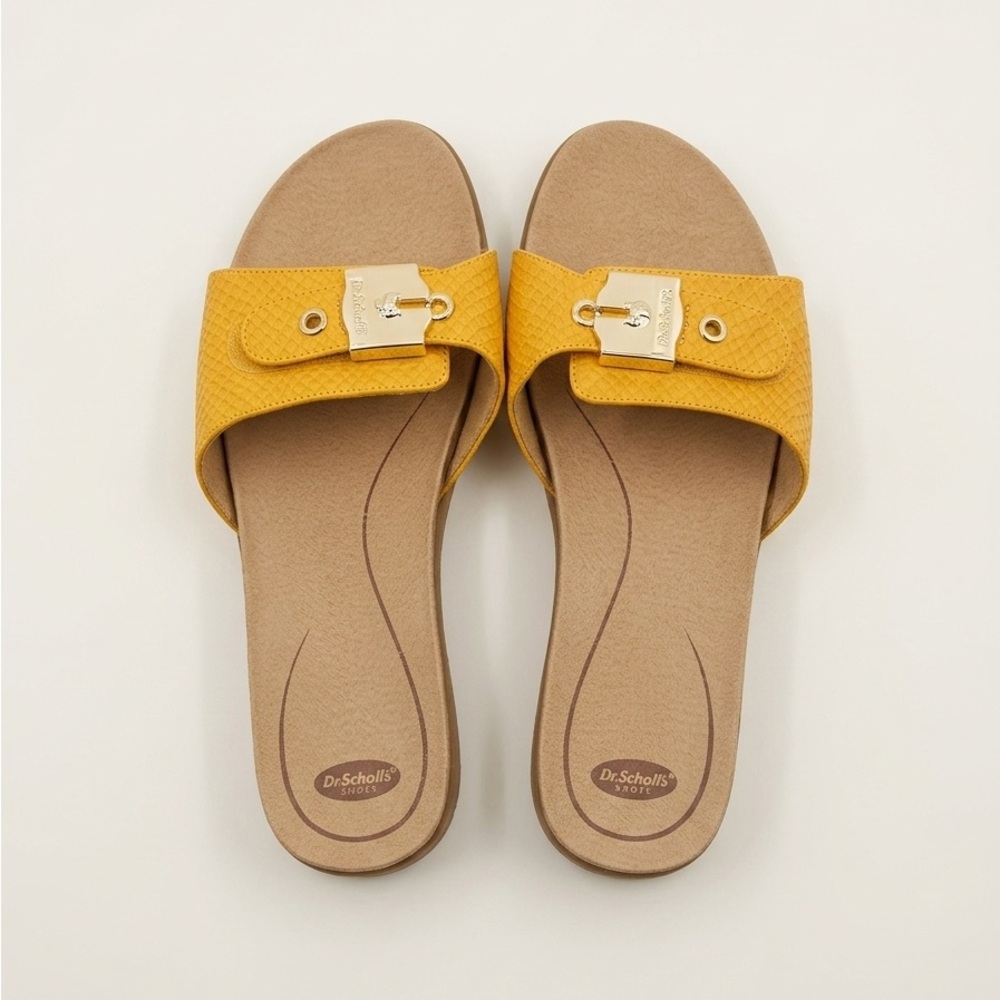 Dr. Scholl's Mustard Yellow Slide Sandals with Gold Hardware